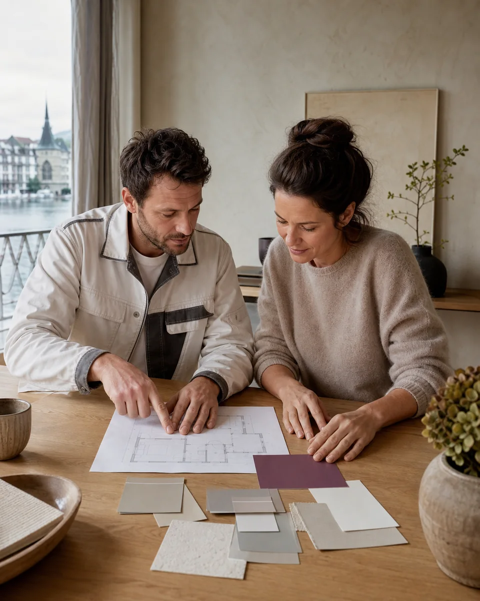 Painter and client discussing colour samples and a project plan